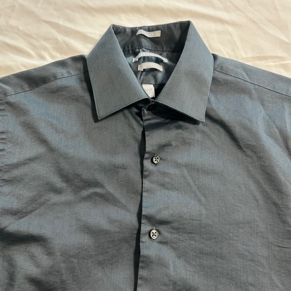 Van Heusen Mens Fitted Stretch Dress Shirt Gray Wrinkle Free 14.5 32/33 LS